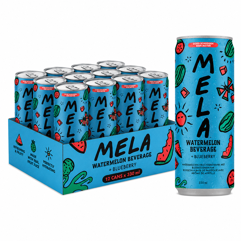 Mela Watermeloen Drank, 100% Natuurlijk Vruchtensap met Vitamine C Bosbessensmaak 330 ml * 12 (Doos)