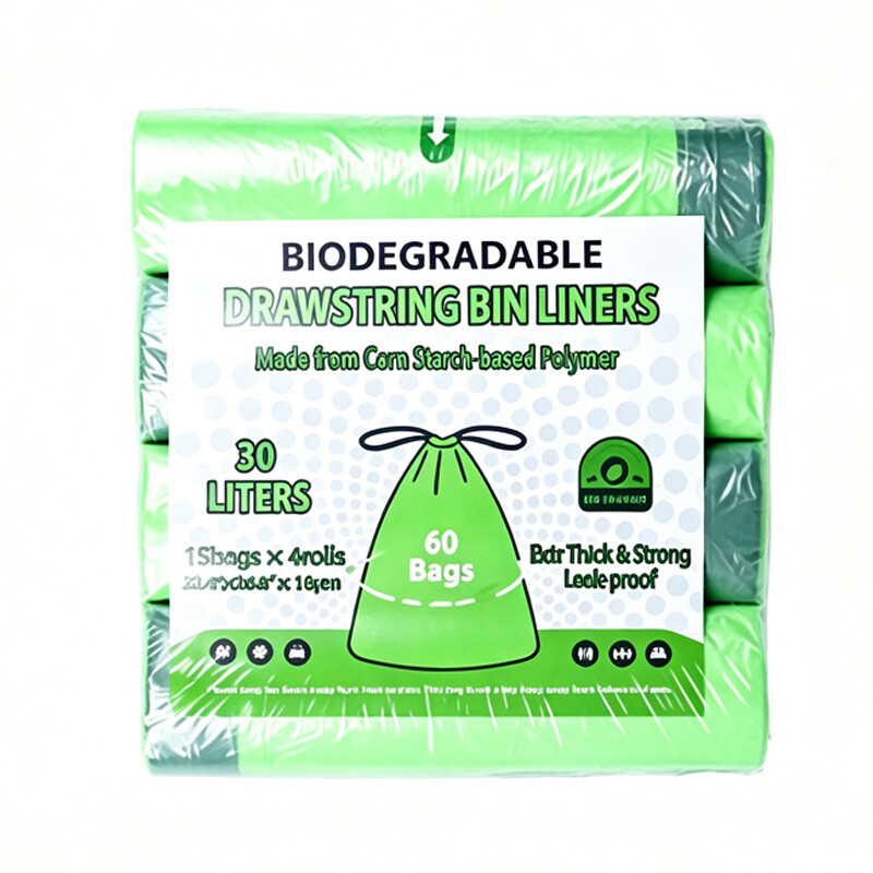 Biologisch abbaubare Müllbeutel mit Zugband, 30 l, geeignet für Wohnzimmer, Küche und Badezimmer, 60 Stück, grün