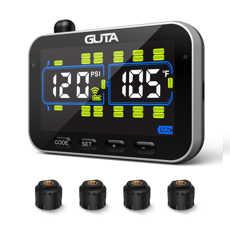 GUTA Camper/Aanhanger bandenspanningscontrolesysteem met 4 sensoren, 0-188PSI realtime monitoring, 6 alarmen, LCD-kleurenscherm, langeafstandscommunicatie, ondersteunt maximaal 24 banden, GT20C+4GS02