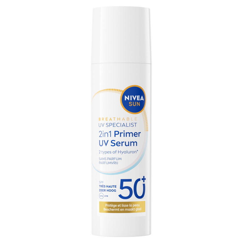 NIVEA SUN UV Face 2-in-1 Primer Makeup Serum – Zonnebrand Gezicht SPF 50+ - Gezichtsserum met Hyaluronzuur - Zonder Parfum – 30ml