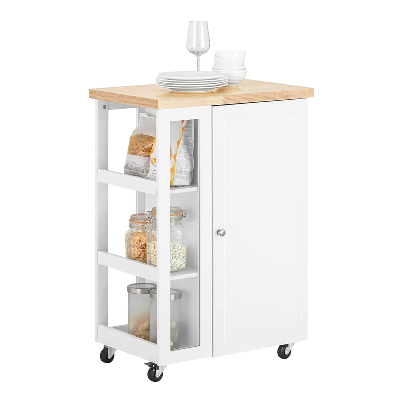 SoBuy Küchenwagen mit 3 Ablagen, Arbeitsfläche und Schrank – Servierwagen für Küche, Wohnzimmer & Esszimmer – Perfekt für kleine Räume, Weiß-Natur 60 × 90 × 40 cm FKW75-WN