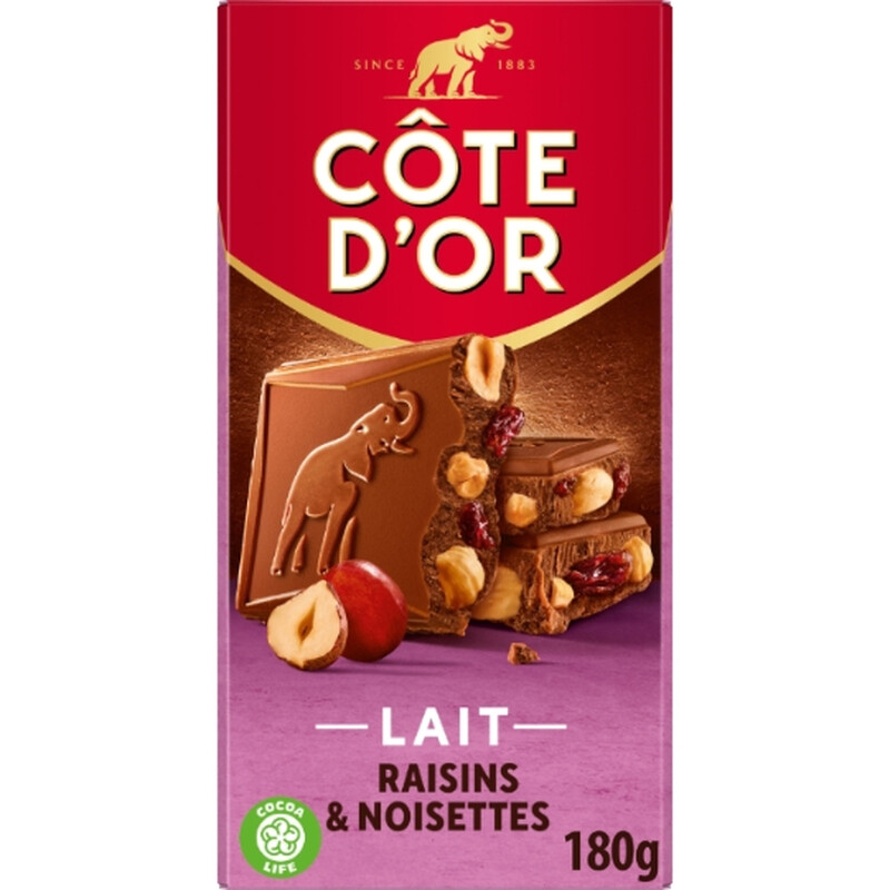 Tablette De Lait Raisins Et Noisettes Entières Cote D'or La Tablette De 180 G