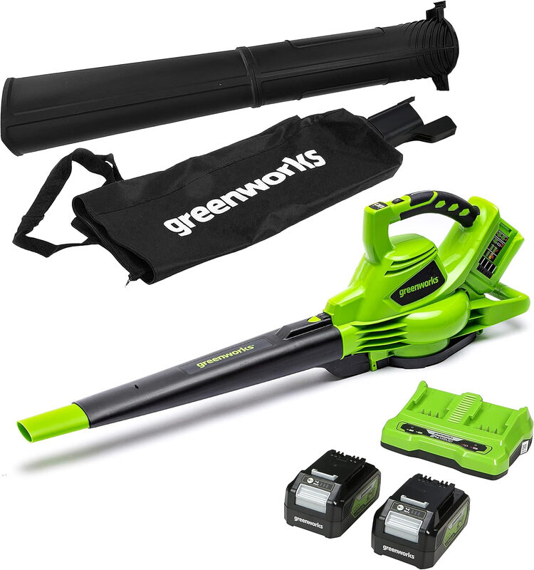 Greenworks 48 V (24 V x 2) Draadloze bladblazer en stofzuiger met 45 L houtchipszak & schouderband, 322 km/h, 9 m³/min, Twee 24 V 4 Ah accu's & dubbele oplader, 3 jaar garantie GD24X2BVK4X