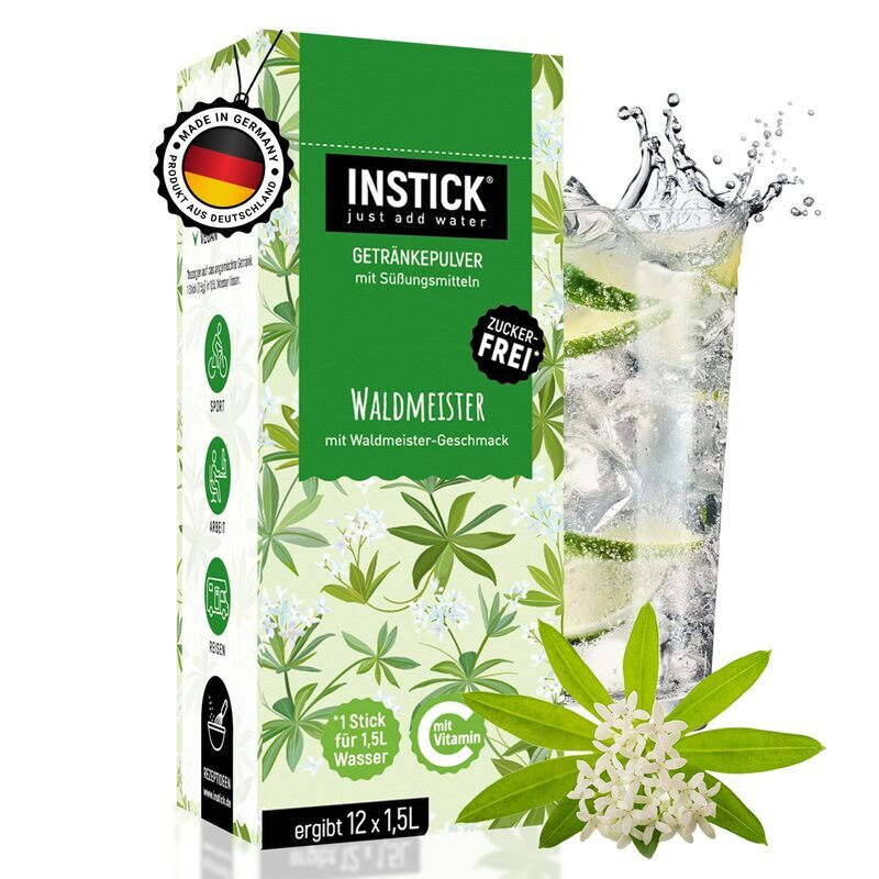 INSTICK Zuckerfreies Instant-Getränk (Waldmeister) - 1 Packung für 12 x 1,5-2,5 L - Veganes Getränkepulver Kalorienarm & Vitamin C - Instant-Pulver