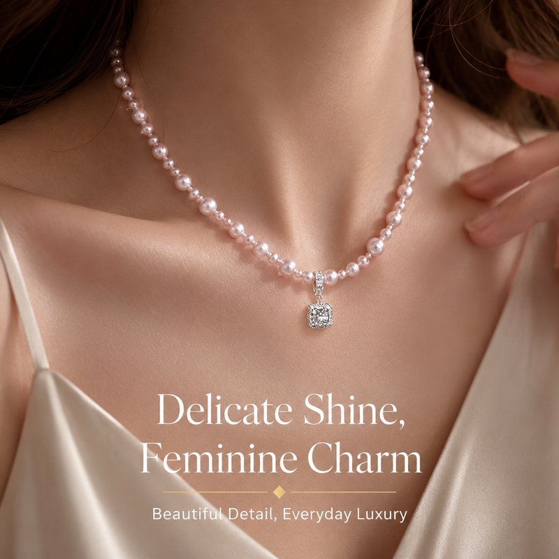 VoxorAI XL25 Rose Gold Bubble Sugar Cube Necklace, Pearl Necklace, Sweater Chain, Pendant, Detachable, Suitable for All Season