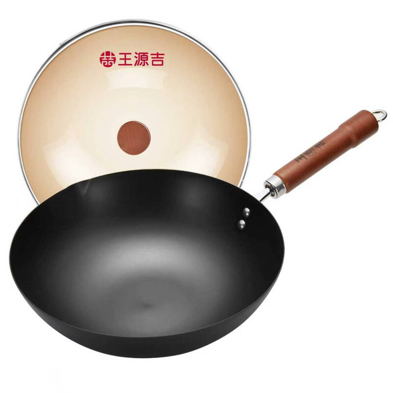 wangyuanji 11.8" Chinese Carbon Steel Woks & Stir-Fry Pans, Flat Bottom Chinese Wok Roasting Pan with Glass Lid, Compatible with All Cooktops
