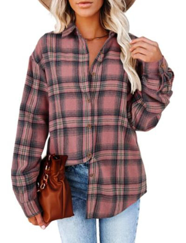 Women's Long Sleeve Plaid Shirts Flannel Collared Button Down Shacket Casual Rolled U