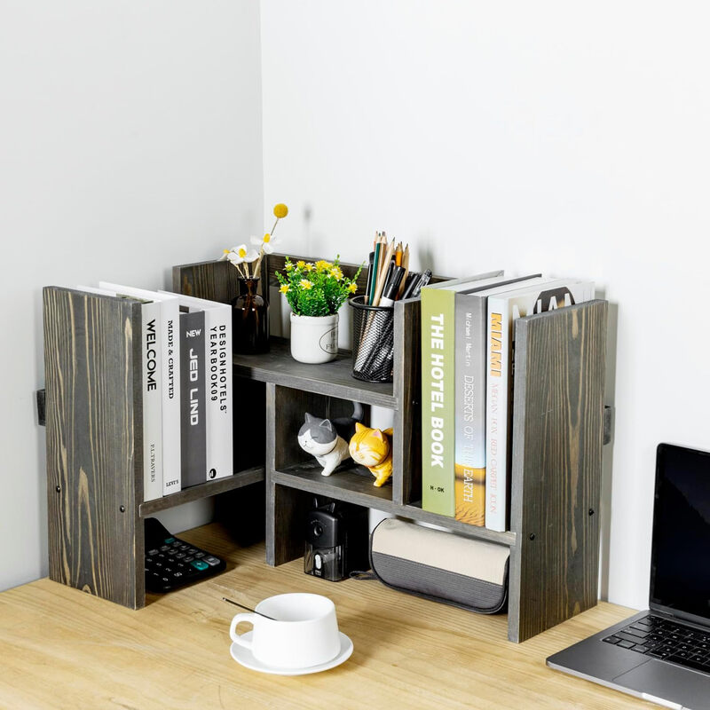 MyGift Verstellbares Schreibtischregal, Deluxe rustikales, gebranntes Massivholz, stapelbares mehrstufiges Bücherregal, Organizer-Ständer, Regal zur Schreibtisch- und Büroaufbewahrung
