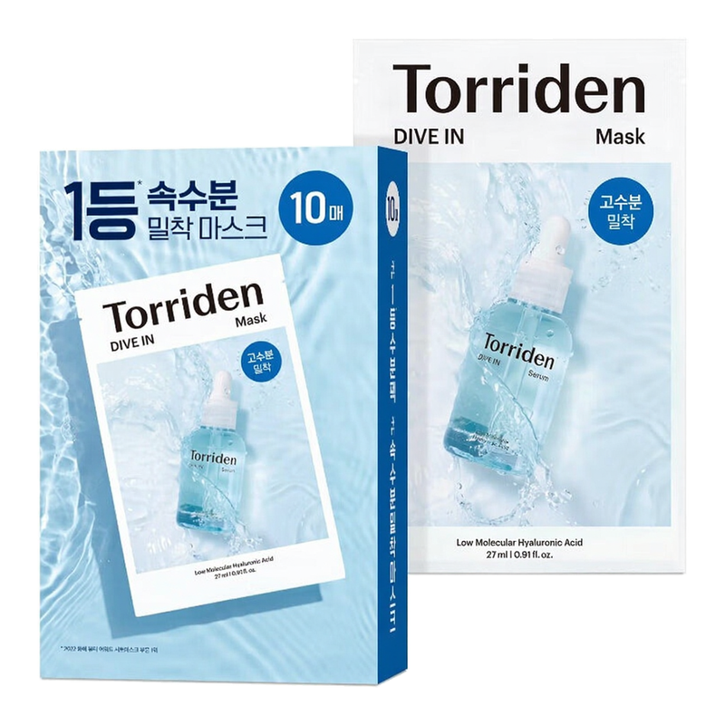 Torriden Dive In Masque en tissu à l'acide hyaluronique à faible poids moléculaire - 27 ml x 10 pièces
