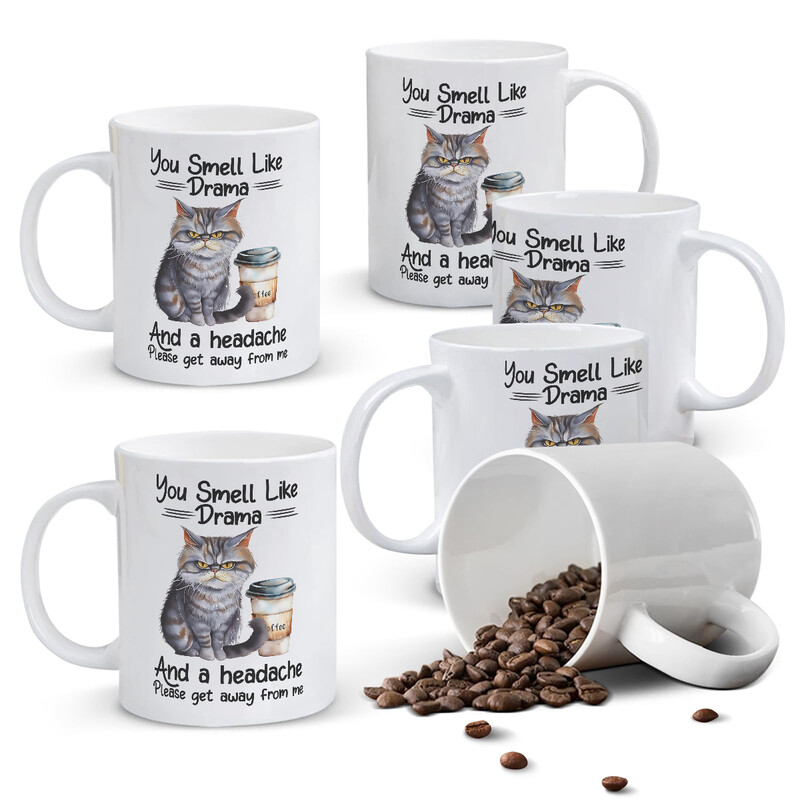 1pc 11oz White Mug with "You Smell Like Drama" Sassy Quote & Grumpy Cat Coffee Art, U