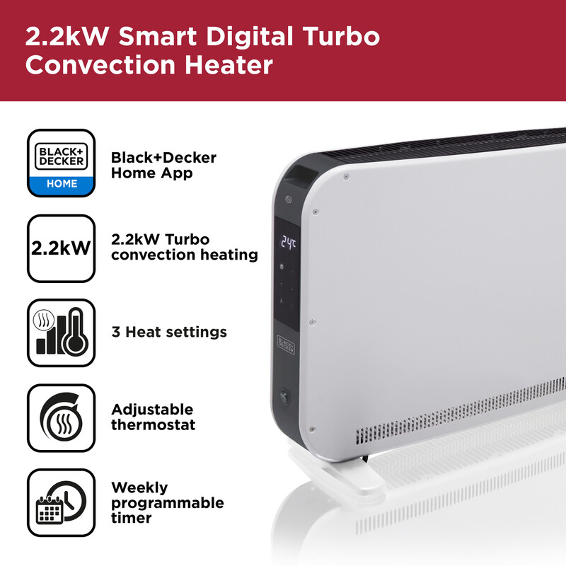 2.2kW Smart Convection Turbo Heater, 3 Heat Settings, Adjustable Thermostat, 24 Hour