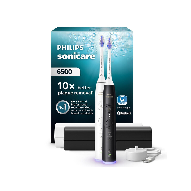 Philips Sonicare elektrische Schallzahnbürste Doppelpack in Weiß & Schwarz mit Ladestation, Reiseetui, 3 Stufen