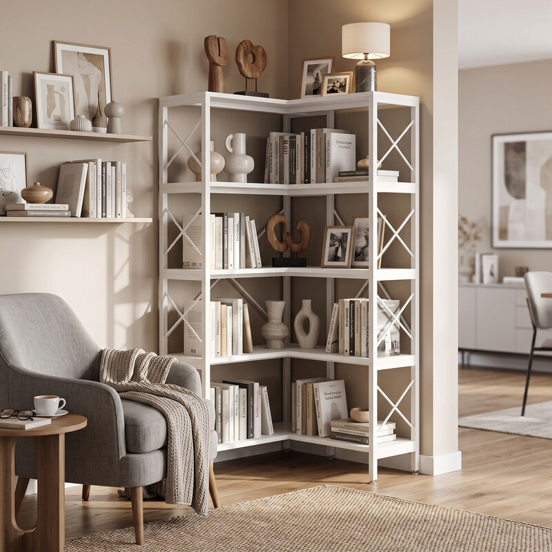 5-stöckiges Eck-Bücherregal, Aufbewahrungs- und Ausstellungsregal mit Metallrahmen für Wohnzimmer und Home Office, Weiß