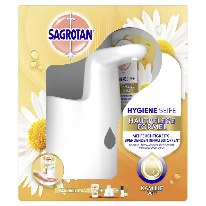 Sagrotan No-Touch Starter-Set – Automatischer Seifenspender + 1 x 250 ml Kamille Handseife Nachfüllpackung