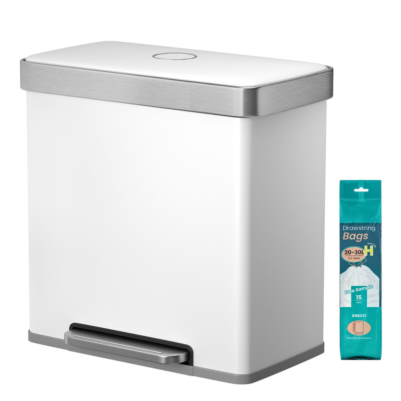 Ochama Dual Compartment Pedal Rubbish Bin, 2 X 30L Stainless Steel Recycling Kitchen Bin, Soft Close Lid, With Inner Buckets, White