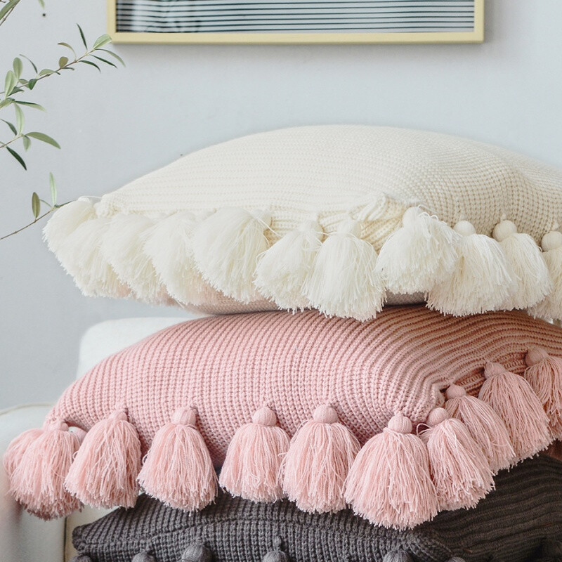 , Acrylic Knit/Fringed Cushion Cover, 50x50cm, pink, 1pack