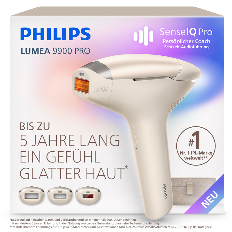 Philips Lumea 9900 Pro IPL-Haarentfernungsgerät – Bis zu 5 Jahre glatte Haut, Echtzeit-Personenführung und 3 Aufsätze für Körper, Gesicht & empfindliche Bereiche, Sand, BRC332/00