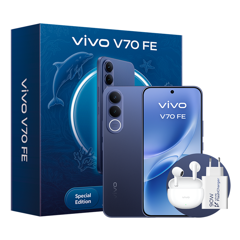 vivo V70FE 8+512 GB Bundle, Ocean Blue Smartphone, 200 MP OIS Ultra-Klare Hauptkamera, 7000 mAh BlueVolt-Akku, 90 W FlashCharge, 1,5K Ultra-Klare AMOLED-Display, IP68 & IP69 Mobiltelefon, Geschenk-Bundle [Energieeffizienzklasse B]