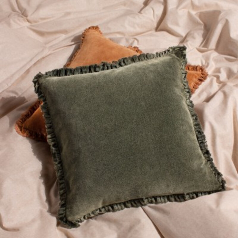 Yard Cushion Cover | Washed Cotton Velvet Square Pillow Case for Sofa or Bed in Moss Green Color - 45 x 45cm
