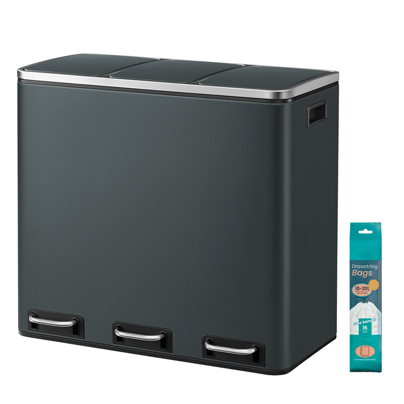 JOYFURNOS Drievaks prullenbak, 3 x 18 L pedaalemmer voor de keuken, Softclose deksels, Staal, Grijs