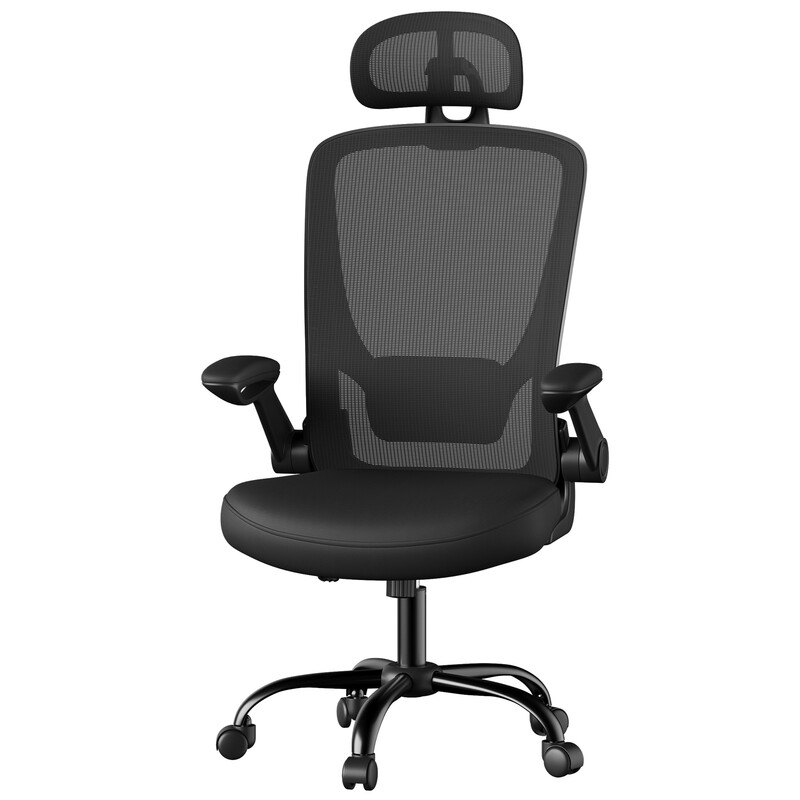 JOYFURNOS Ergonomische mesh draaistoel in Inktzwart – 62 x 62,4 x (120,4-127,4) cm, lumbale en hoofdsteun, brede zitting, opklapbare armleuningen, kantelfunctie – comfortabel voor kantoor of slaapkamer