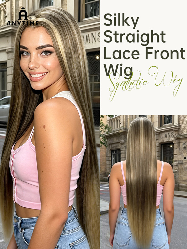 ANYTIME Lange Rechte Synthetische Haarpruik voor Dames, 28 Inch 13x4 Transparante Lace Front Bruine Basis Platina Blond Balayage Highlight Haarpruik met Middenparting Realistische Hoofdhuid, Hittebestendige Haarpruik voor Dagelijks Gebruik en Feesten