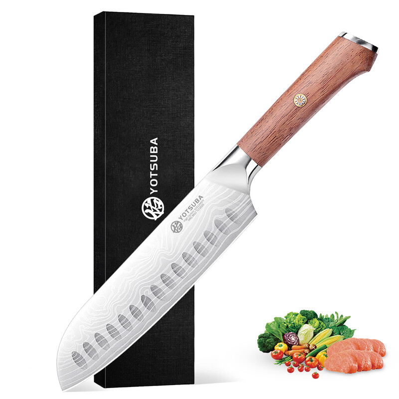 YOTSUBA 17,8 cm Santokumesser, hohles Rundloch-Klingendesign, superscharfe Klinge, Rosenholzgriff, handgeschmiedetes und präzise gefertigtes Küchenmesser