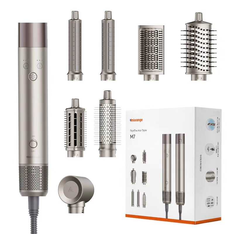 Uniorange M7 multifunktionaler Warmluft-Haarstyler 3-in-1 Stylingbürste zum Locken, Glätten und Föhnen mit mehreren Ersatzaufsätzen