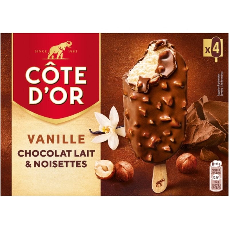 Côte d'or 4 bâtonnets vanille lait noisette
