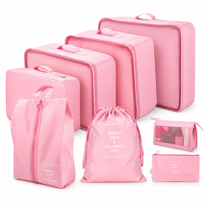 VoxorAI Pink Travel Bag/Travel Pouch/Clothing Storage Bag/Toiletry Bag - 8-Piece Travel Organizer Set