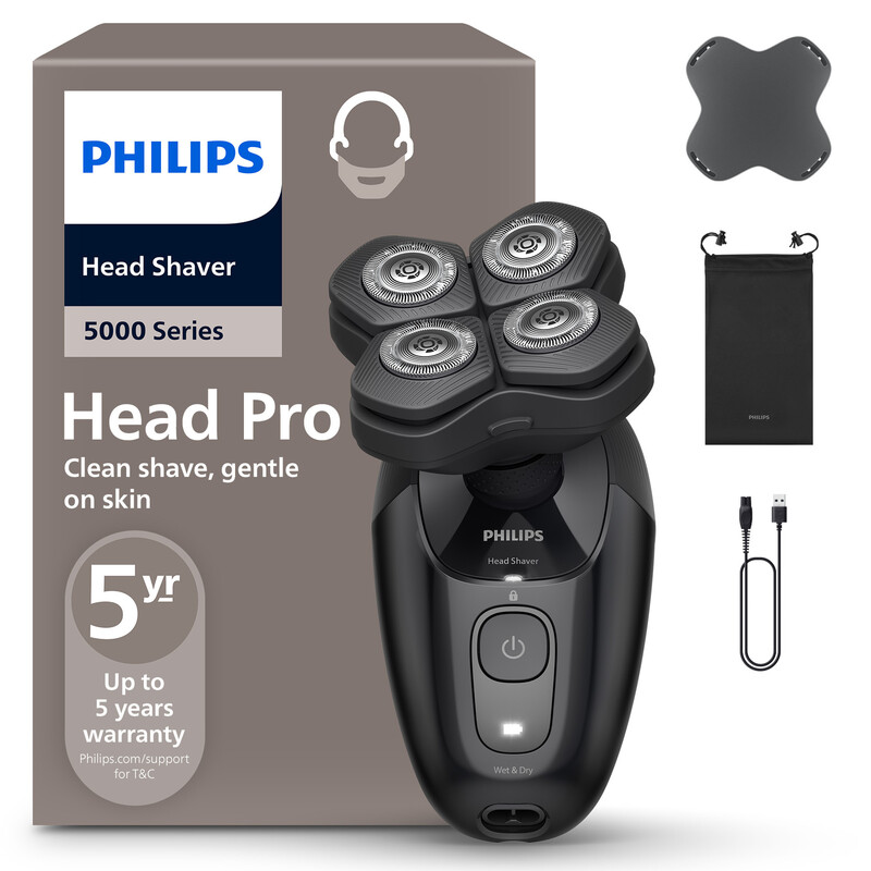 PHILIPS Series 5000 Head Shaver Pro, 360° Flexing Head & Comfort Blades for Clean Shave, Up to 60-Minute Run-Time, HS5980/15