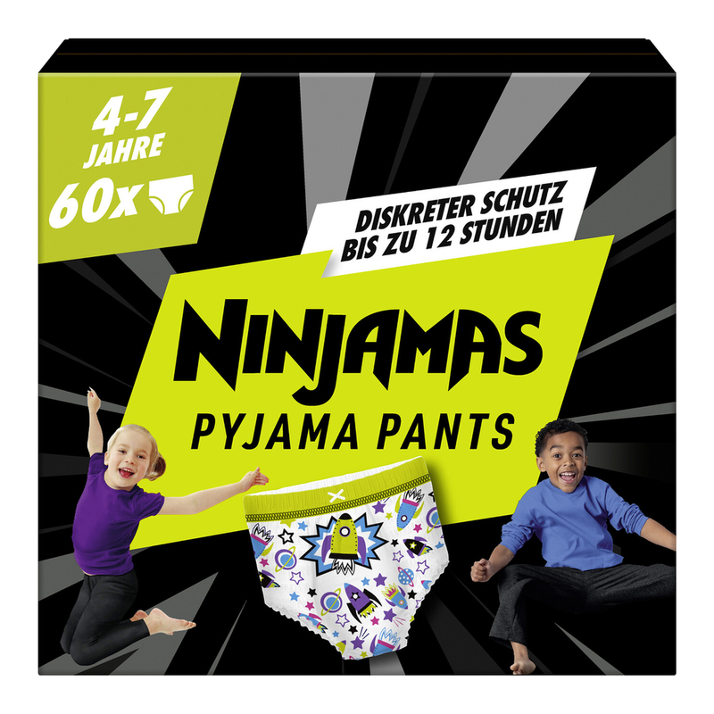 Ninjamas Pyjama-Höschen Raumschiff, 60 saugstarke Nachtwindeln, 7 Jahre, 17 kg-30 kg, Auslaufschutz für die ganze Nacht