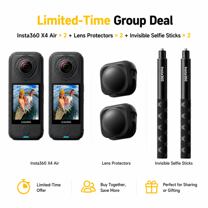Limited-Time Group Deal Insta360 X4 Air × 2 + Lens Protectors × 2 + Invisible Selfie Sticks × 2