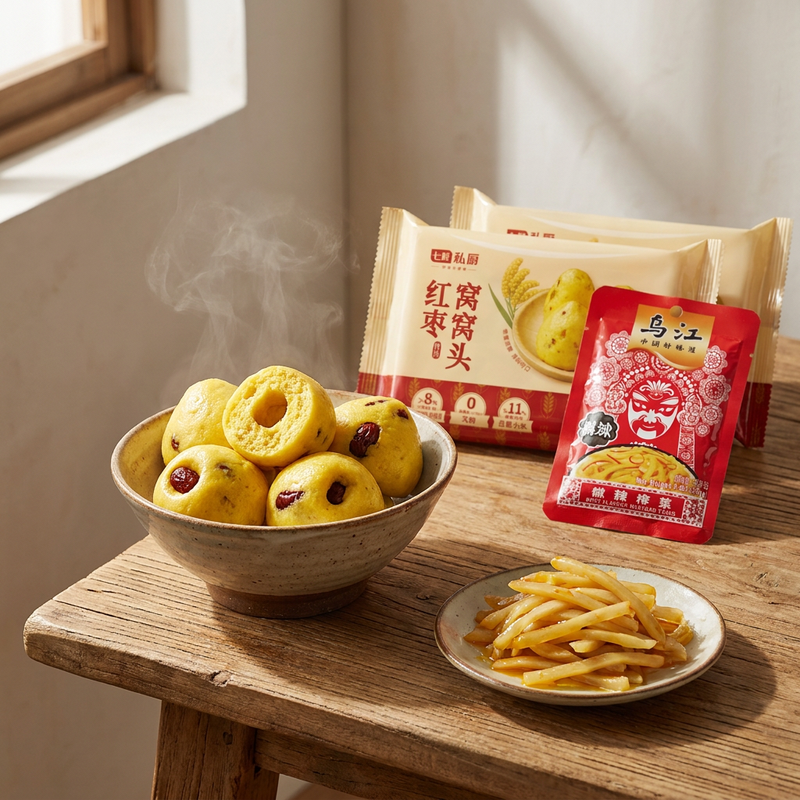 7FRESH Private Chef gestoomde broodjes met rode dadel 660 g (330 g * 2) + Wujang milde ingelegde mosterdknol reepjes 80 g * 4