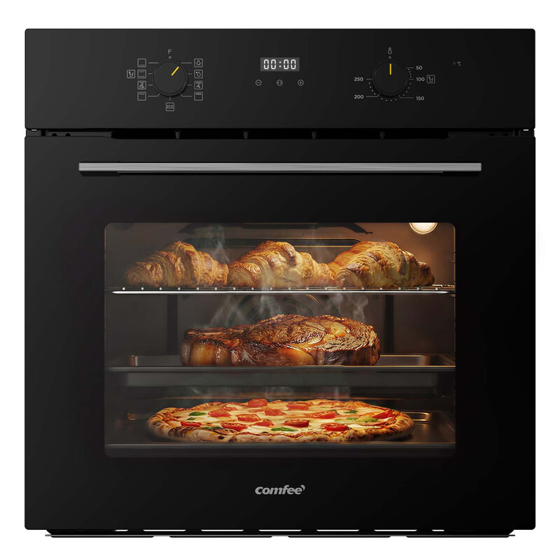 Comfee' Elektrischer Einbauofen, 60 cm, 70 L, 3 kW, Umluft, Grill, Pizza-Funktion, AquaClean Dampfreinigung, LED-Display mit Timer, ECO-Modus, Schwarz [Energieklasse A] [Energieklasse A]