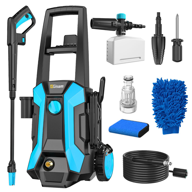GISAM Druilzwasser, 2200 W 180 bar 480 l/h electric high-pressure washers with 8 m hose, foam nozzle, swivel nozzle & high-pressure sprayer for cleaning cars, fences, patios, gardens & driveways
