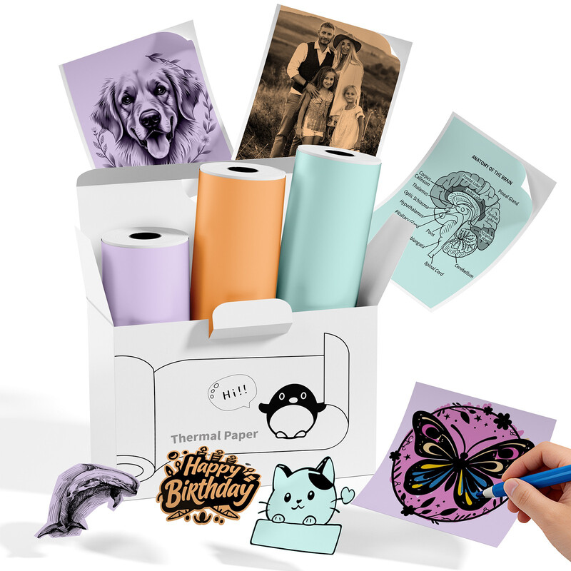 Phomemo T02/Q02E/M02L/M02X Zelfklevend thermisch papier - 20 jaar plakbaar 50 mm x 3,5 m voor dagboeken, foto's, teksten, studienotes, dagboeken, memo's en meer, olie- en waterbestendig - 3 rollen in totaal - Paars/groen/oranje