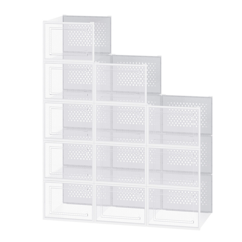 Ochama 12er-Set stapelbare Aufbewahrungsboxen für Turnschuhe, transparente Schuhaufbewahrungsboxen aus Kunststoff für den Kleiderschrank, Weiß