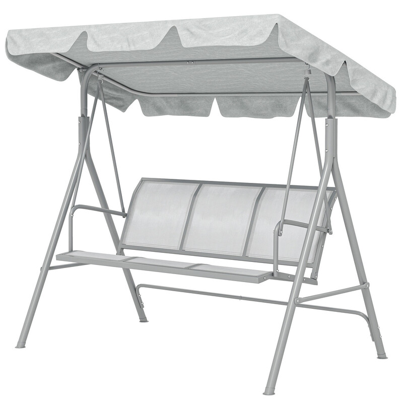 Outsunny 3 Seater Swing Chair, Garden Swing Bench With Adjustable Tilting Canopy, Breathable Mesh Seat And Heavy Duty Metal Frame For Patio, Yard, Light Grey