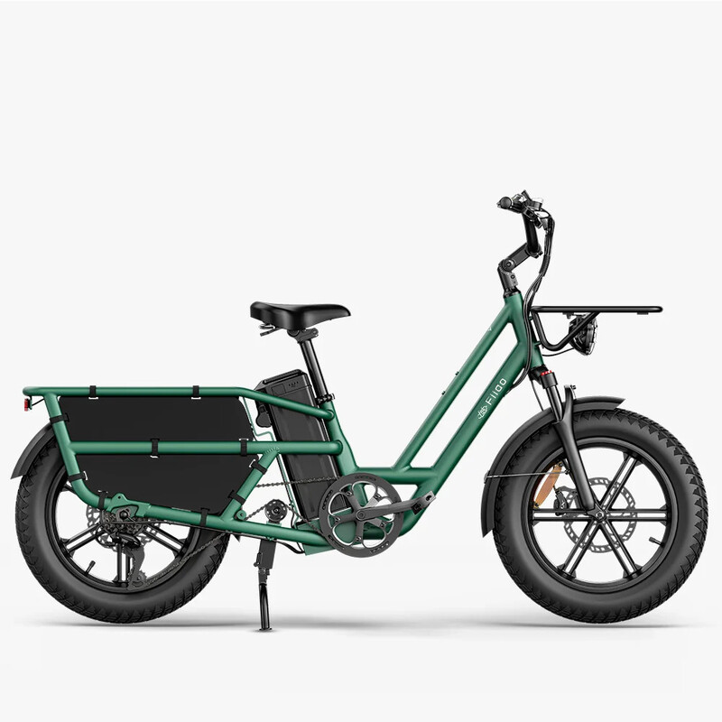 Fiido T2 (2025) All-Terrain Cargo E-Bike (groen): Step-through frame (155-200 cm), 200 kg draagvermogen, lange actieradius verwijderbare accu, voorvering, 20x4,0 fat tires, hydraulische remmen & dubbele bagagedragers.