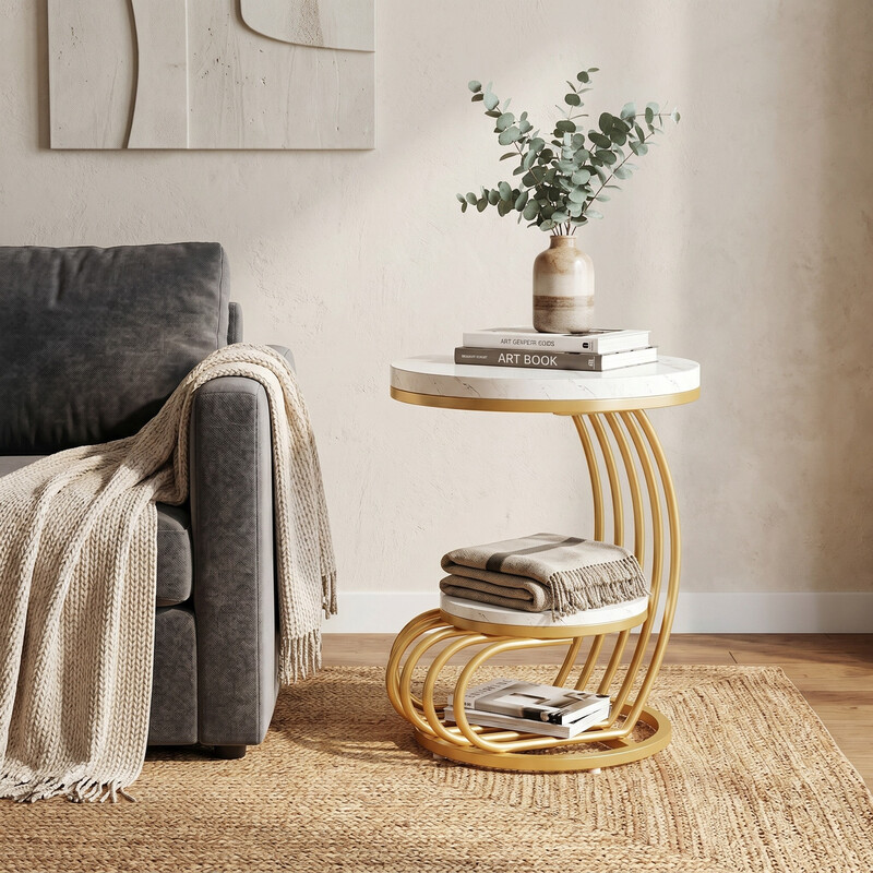 Golden Round Side Table: 2-stufiger Beistelltisch mit Staufach, moderner Nachttisch in Weißgold, Akzenttisch aus Kunststein und Kunstmetall für das Wohnzimmer