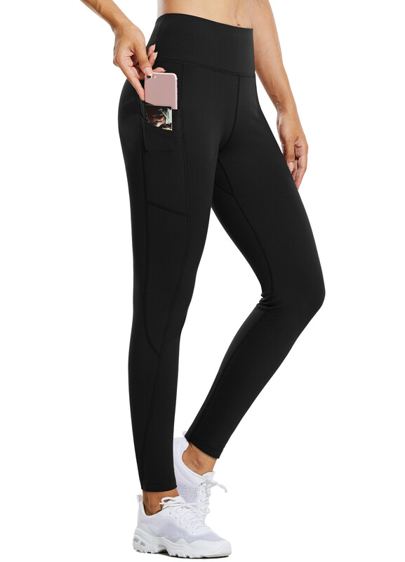 baleaf Damen Leggings mit Fleece-Auskleidung, Thermofunktion, wasserfest, mit hohem Bund, Winter-Lauf- und Bergsteig-Sporthosen, mit Taschen, Schwarz, XL