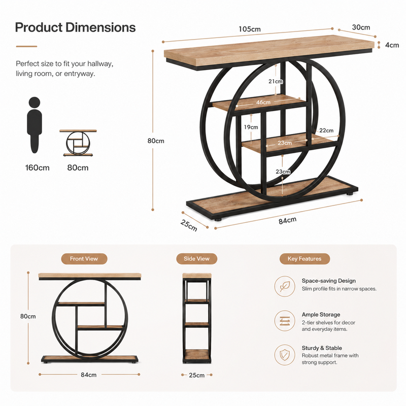 LANTINE Konsolentisch 105 cm, Industrieller Sofatisch mit 4 Ebenen, Schmaler Beistelltisch aus Holz mit Ablagen für Wohnzimmer und Flur, Hellbraun