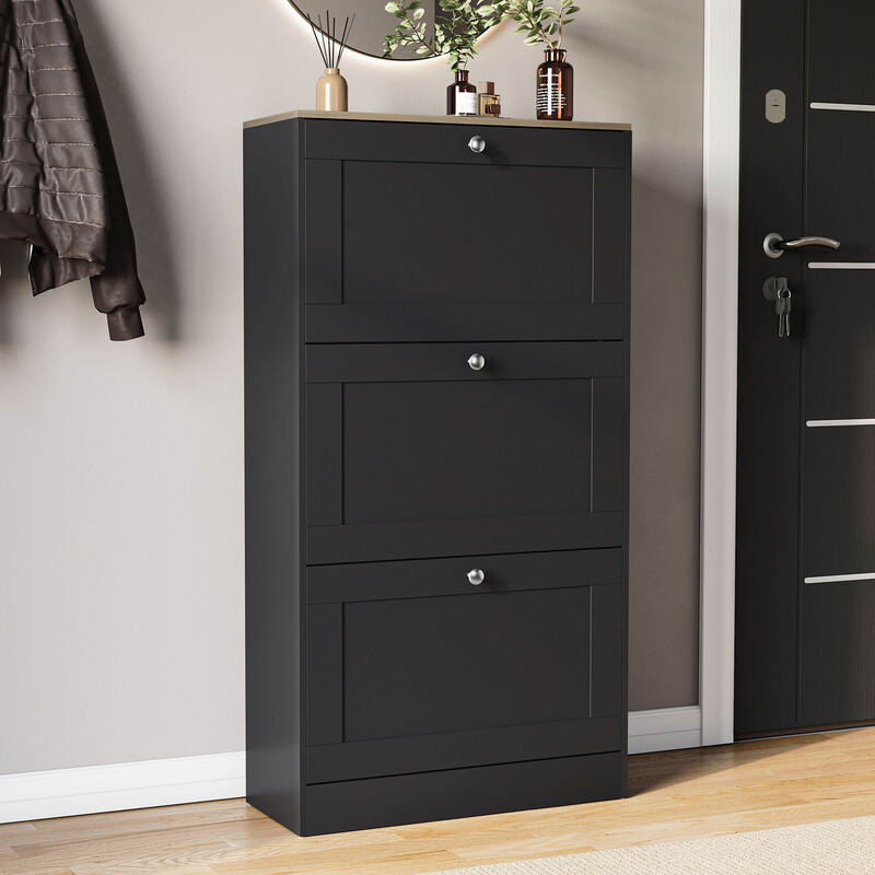 Vida Designs 3 Drawer Panelled Shoe Cabinet, Black & Oak