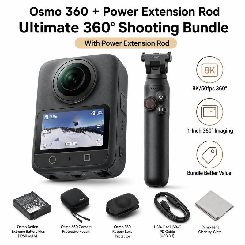 DJI Osmo 360 Standard Combo + Osmo 360 Power Extension Rod - 8K/50fps 360° Kamera, 1-Zoll 360° Bildgebung, Hochauflösendes Action-Kamera-Bundle für Reisen, Vlogging, Outdoor-Sport, Abenteuer & Content-Erstellung