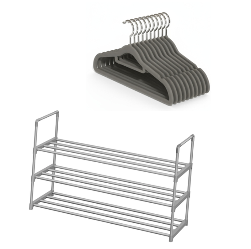 [Flur-Aufbewahrung-Bundle] JOYFURNOS 3-stufiges Metall-Schuhaufbewahrungsregal, Stapelbarer Schuh-Organizer + 20er-Pack Basics schlanke Samt rutschfeste Anzugbügel, Grau