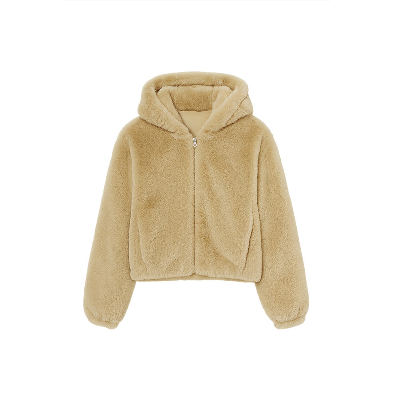 Urban Classics Damen Kunstfell Kapuzenpullover mit vollem Reißverschluss in der Farbe Wetsand, Größe S