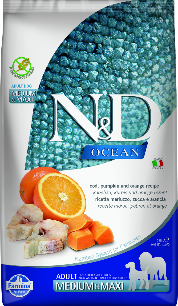 Farmina Ocean Kabeljau, Kürbis & Orange Geschmack Adult Hundefutter (Mittelgroß/Groß) 2,5 kg