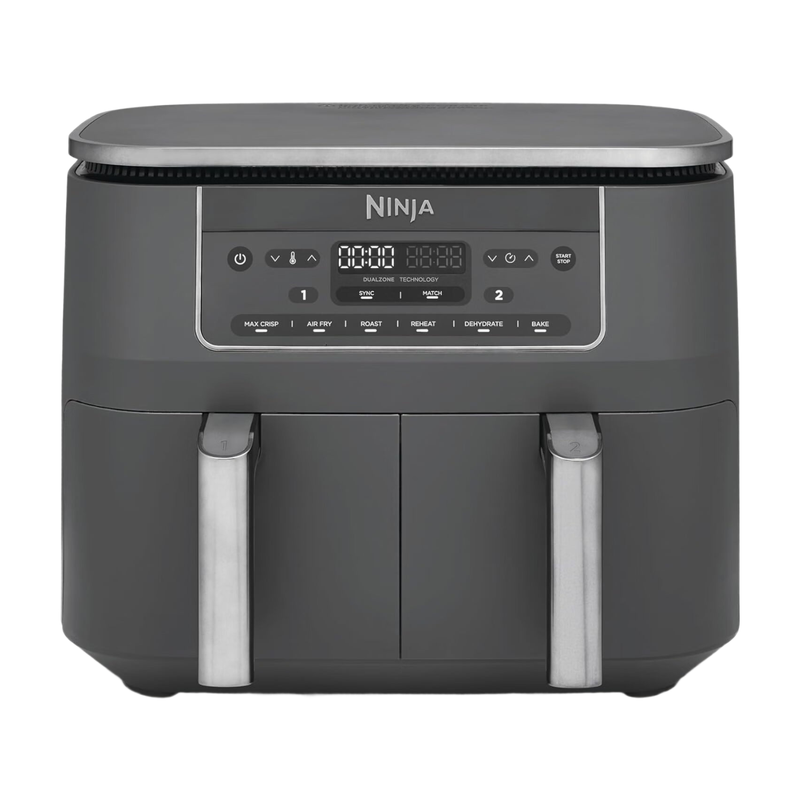 Ninja Dual Zone Digital Air Fryer, 2 Schubladen, 6-in-1, Heißluftfritteuse ohne Öl, 7,6L, Heißluft-Frittieren, Max Crisp, Rösten, Backen, Aufwärmen, Spülmaschinenfeste Körbe, Metallic Grau DZ300EU
