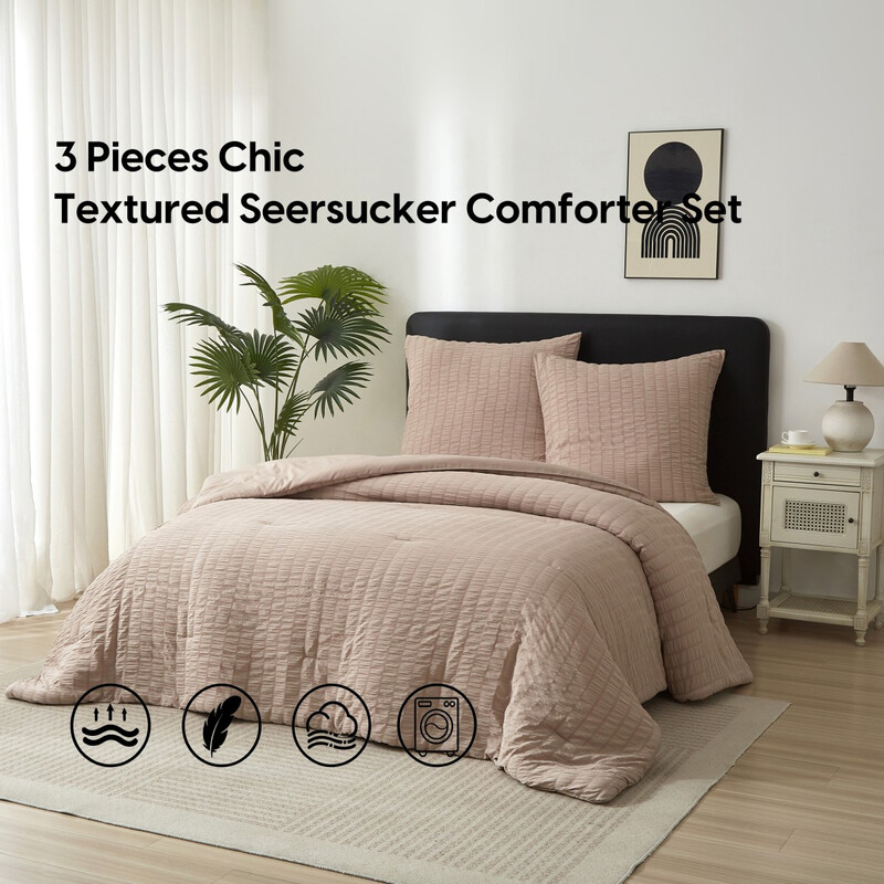 Meeallhome Comforter Set Seersucker Textured Bedding Set 230*220cm/50*75cm*2 Khaki